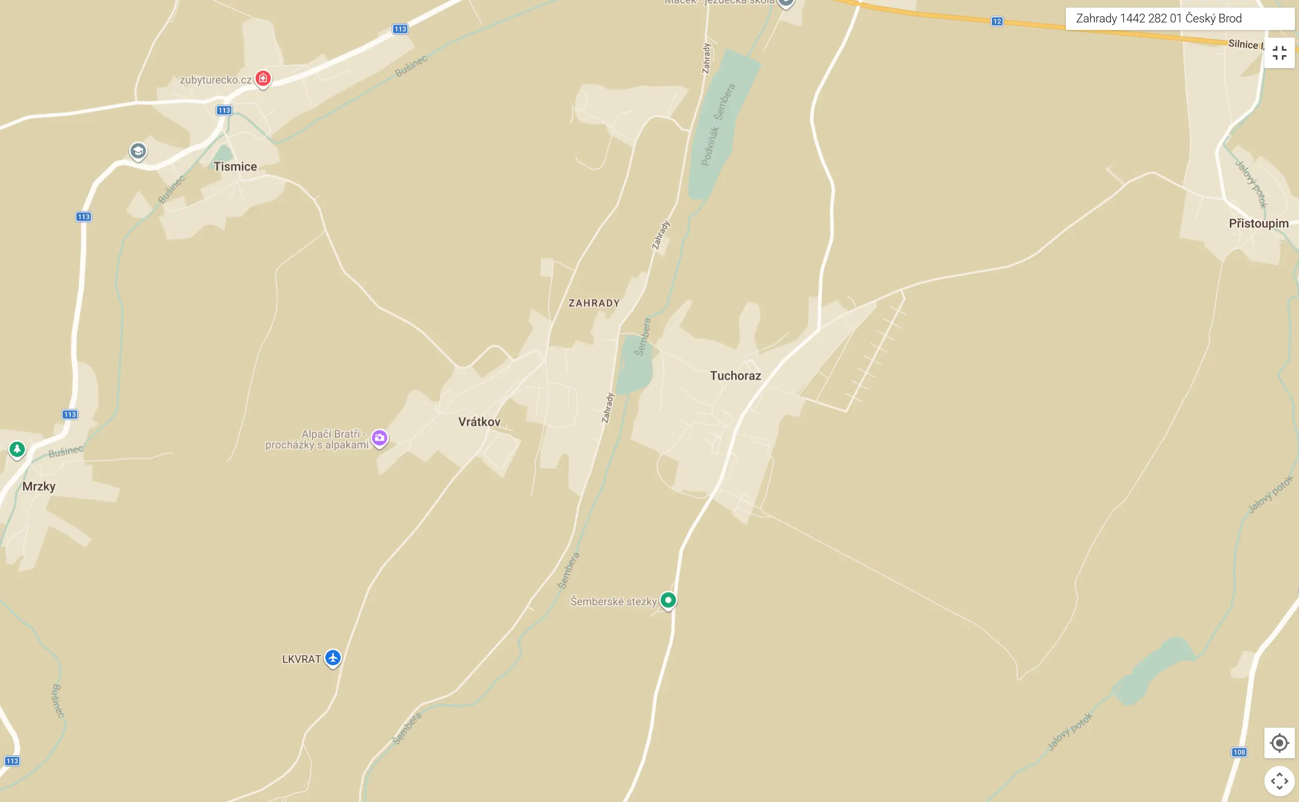 Mapa okolí Českého Brodu s vyznačeným místem provozovny